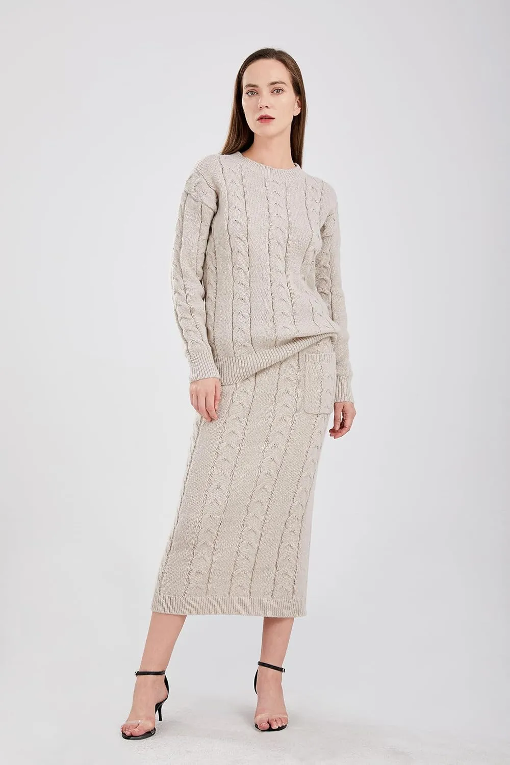 utcoco Womens Sweater Sets Winter Chunky Cable Knit 2 Piece Outfits Sweater Skirt Set