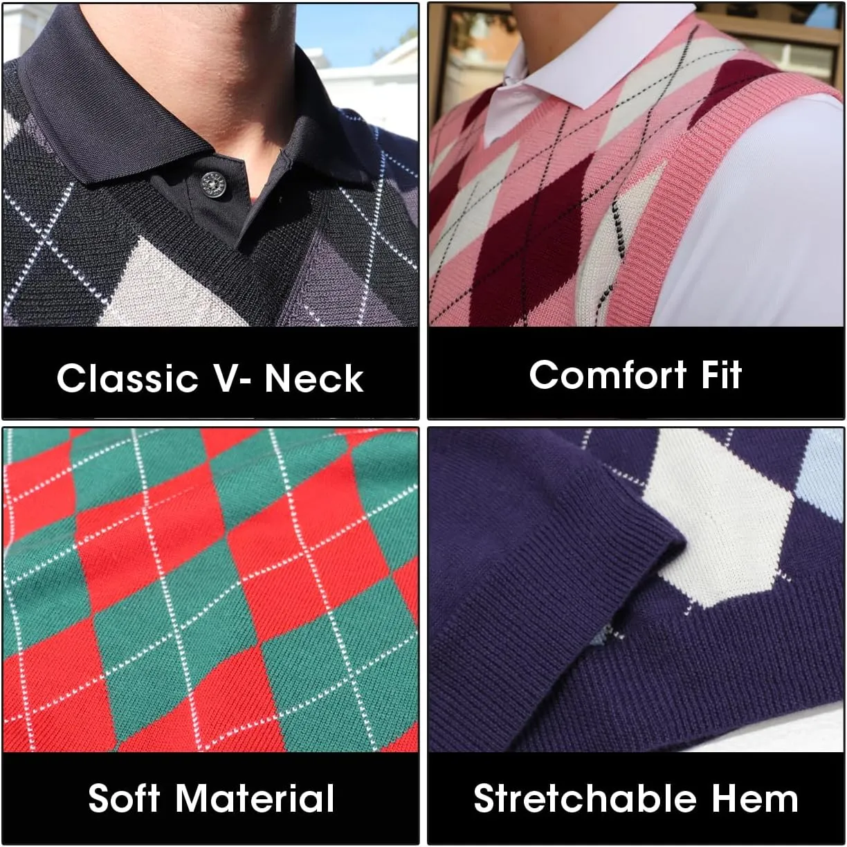 V-Neck Argyle Golf Sweater Vests - GolfKnickers: Mens - Pullover - (EE-6Z)