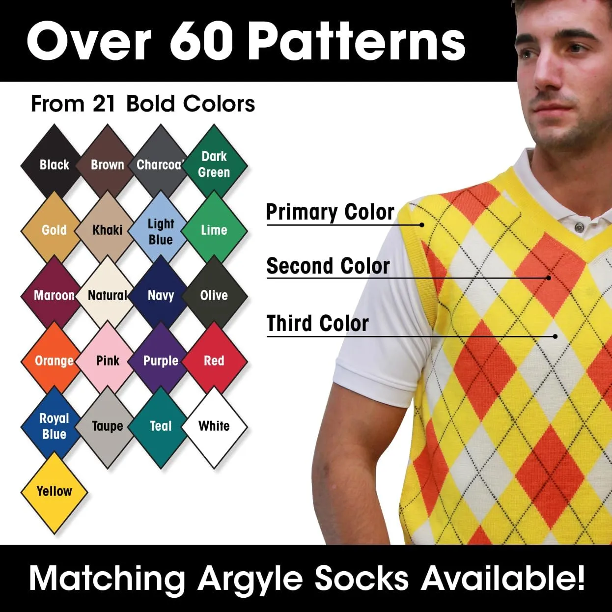 V-Neck Argyle Golf Sweater Vests - GolfKnickers: Mens - Pullover - (EE-6Z)