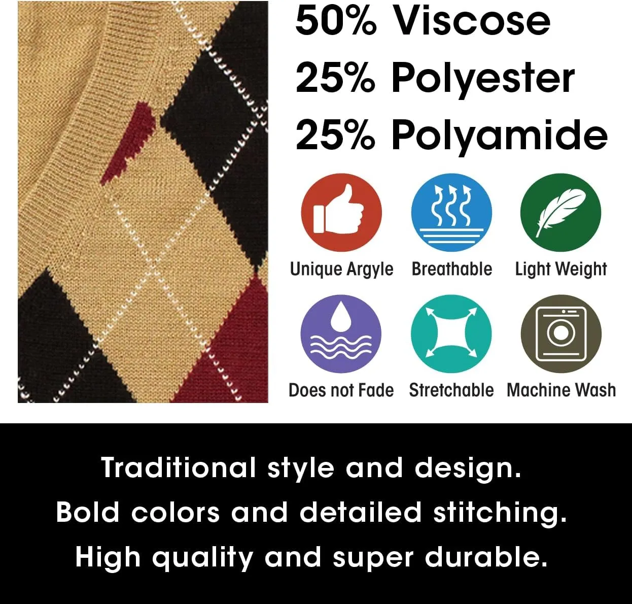 V-Neck Argyle Golf Sweater Vests - GolfKnickers: Mens - Pullover - (EE-6Z)