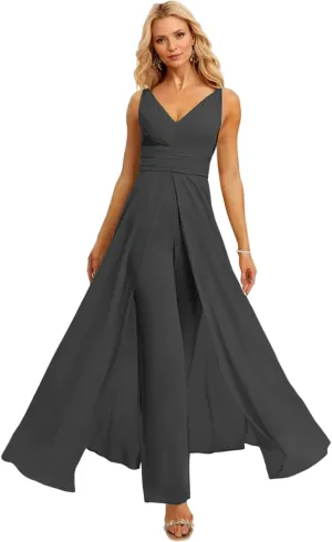 V Neck Chiffon Bridesmaid Jumpsuits with Slit Ruched Wedding Guest Pantsuits