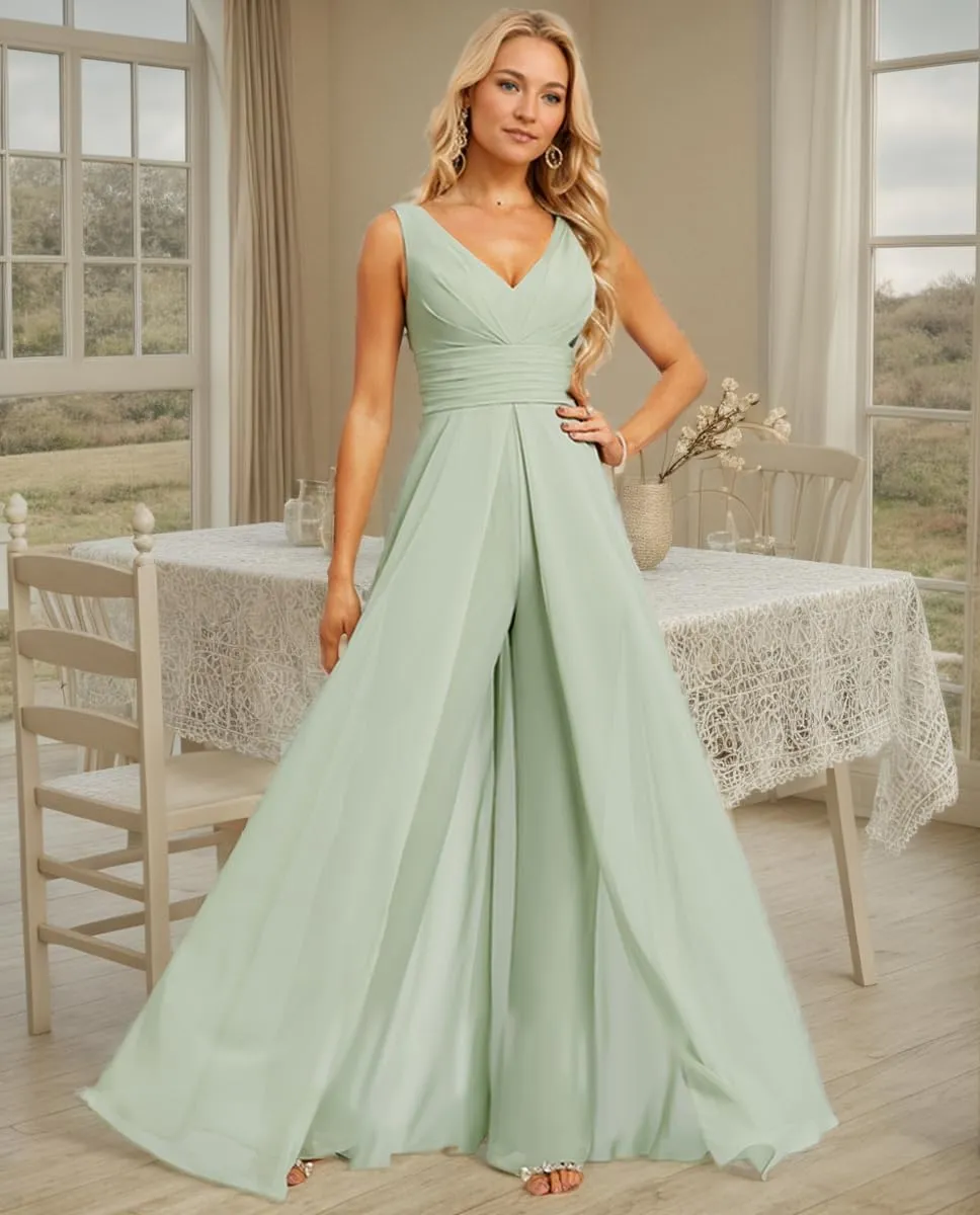 V Neck Chiffon Bridesmaid Jumpsuits with Slit Ruched Wedding Guest Pantsuits