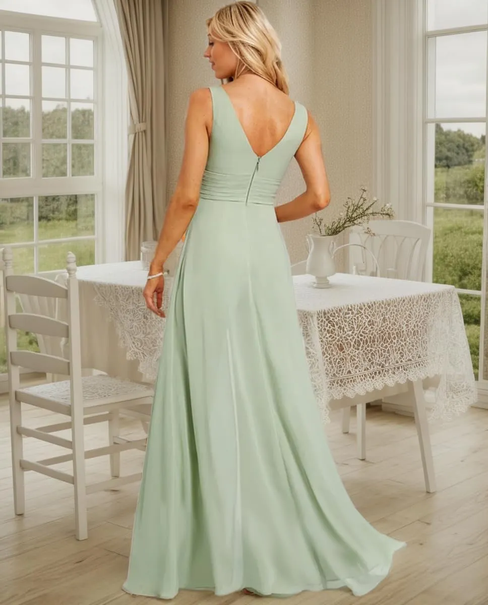 V Neck Chiffon Bridesmaid Jumpsuits with Slit Ruched Wedding Guest Pantsuits