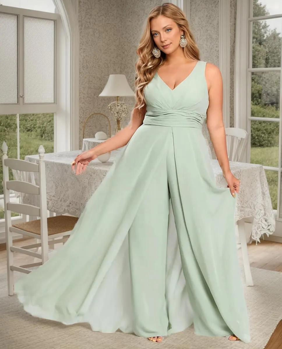 V Neck Chiffon Bridesmaid Jumpsuits with Slit Ruched Wedding Guest Pantsuits