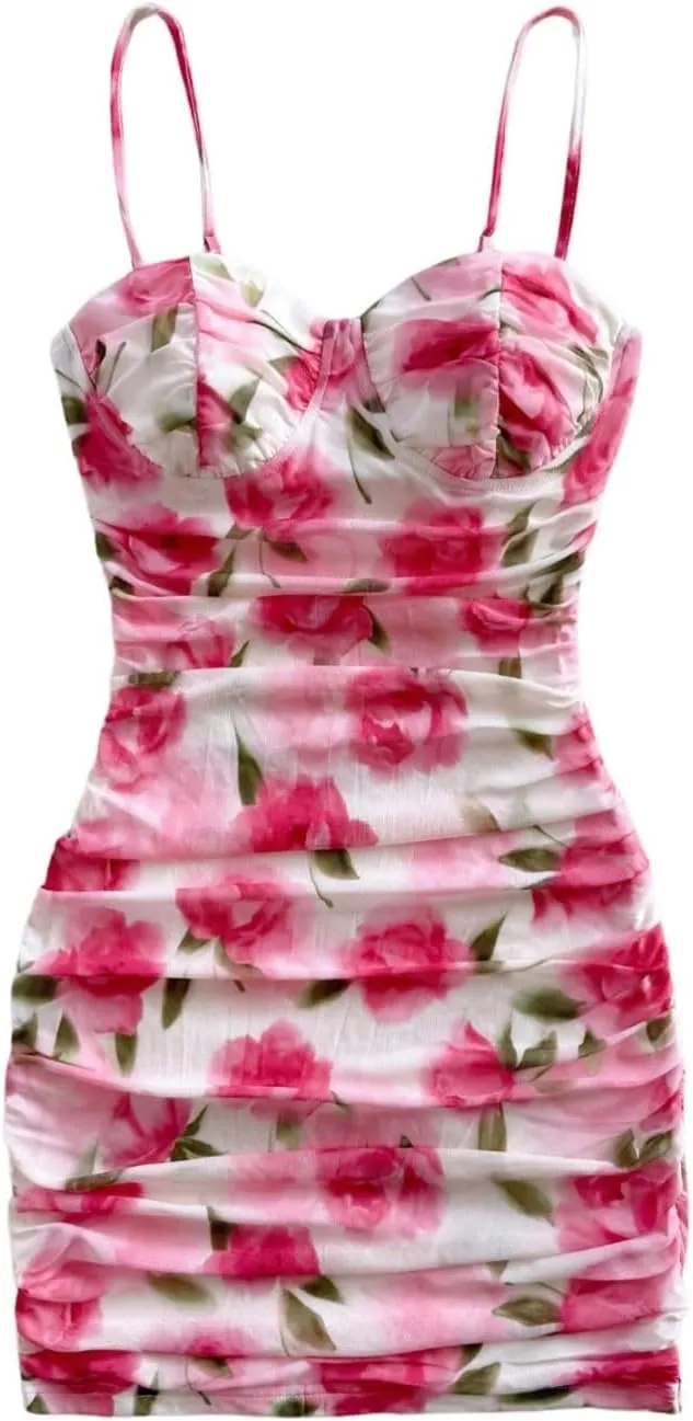 Verdusa Women's Floral Ruched Bodycon Mini Dress Spaghetti Strap Vacation Dress