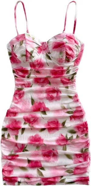 Verdusa Women's Floral Ruched Bodycon Mini Dress Spaghetti Strap Vacation Dress