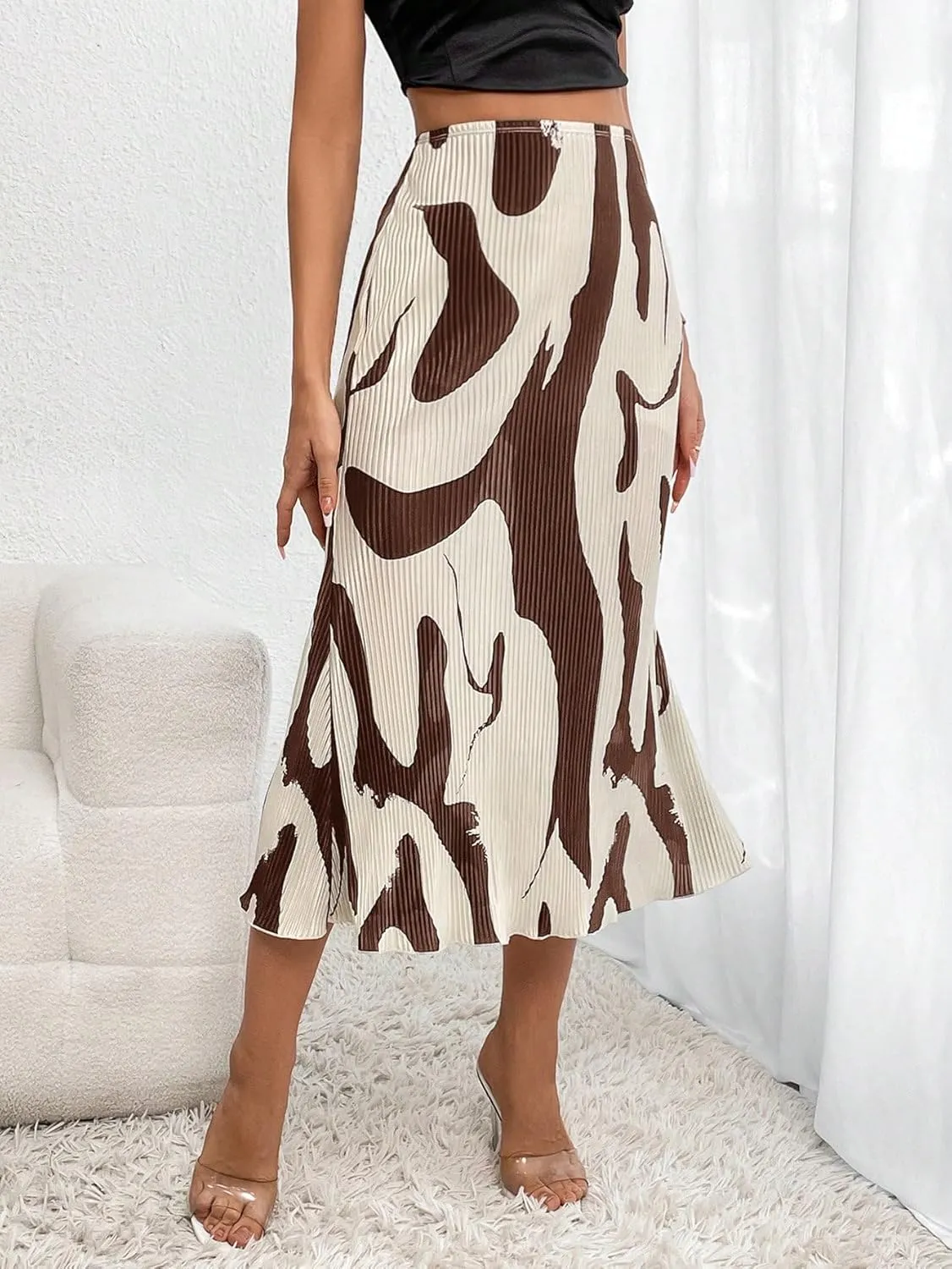 Verdusa Women's High Waist Graphic Print A Line Pleated Long Skirt