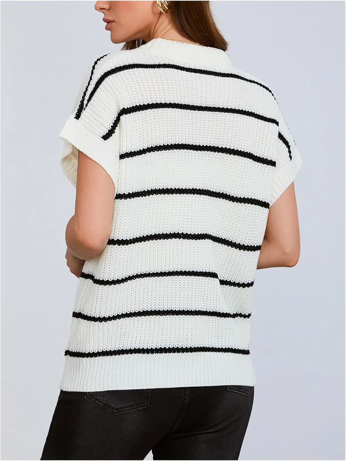 Verdusa Women's Striped Short Sleeve Sweater Cap Sleeve Crewneck Casual Knit Tops Sweater Vest