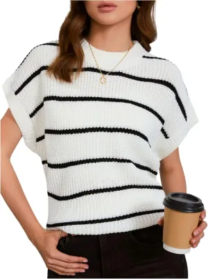 Verdusa Women's Striped Short Sleeve Sweater Cap Sleeve Crewneck Casual Knit Tops Sweater Vest