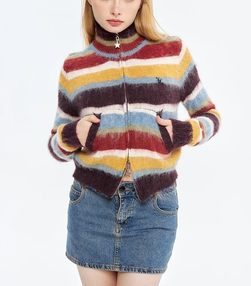 Vintage Striped Cardigan Sweater Women Y2K Zip Up Cropped Sweater Lapel Mohair Knitted Tops