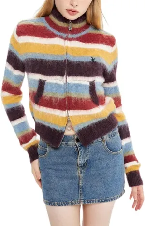 Vintage Striped Cardigan Sweater Women Y2K Zip Up Cropped Sweater Lapel Mohair Knitted Tops