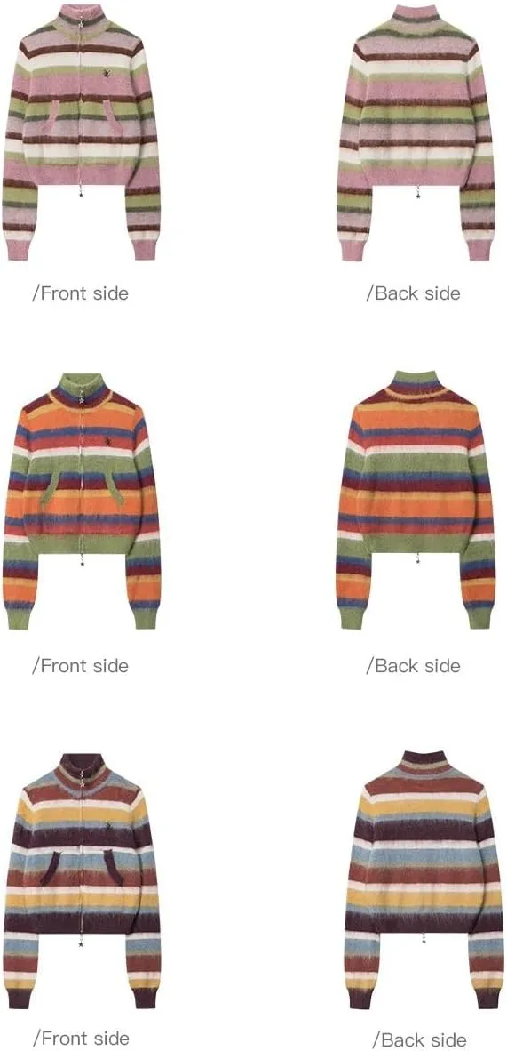 Vintage Striped Cardigan Sweater Women Y2K Zip Up Cropped Sweater Lapel Mohair Knitted Tops