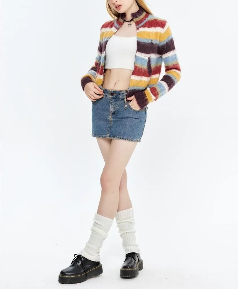 Vintage Striped Cardigan Sweater Women Y2K Zip Up Cropped Sweater Lapel Mohair Knitted Tops