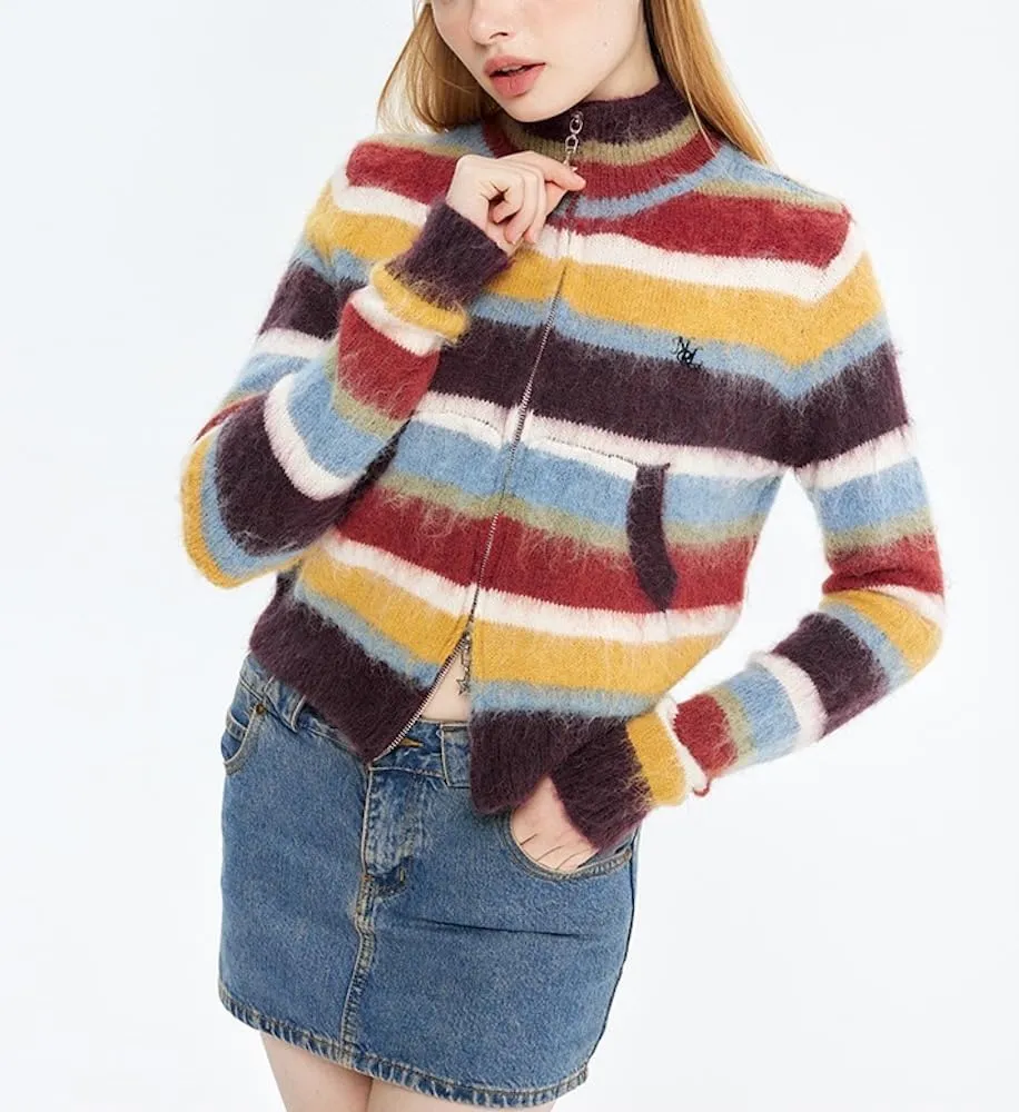 Vintage Striped Cardigan Sweater Women Y2K Zip Up Cropped Sweater Lapel Mohair Knitted Tops