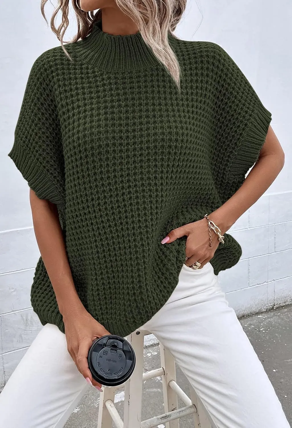 Viottiset Womens Oversized Short Batwing Sleeve Mock Neck Sweater Vest Fall Sleeveless Pullover Knit Sweaters