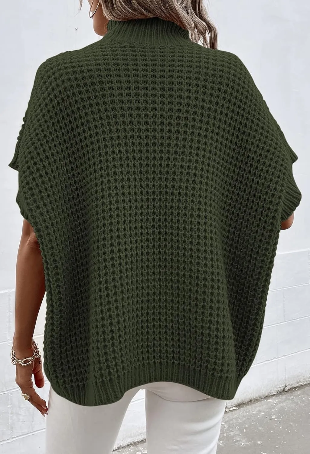 Viottiset Womens Oversized Short Batwing Sleeve Mock Neck Sweater Vest Fall Sleeveless Pullover Knit Sweaters