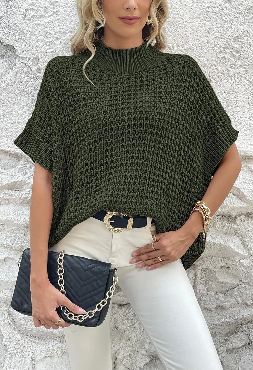 Viottiset Womens Oversized Short Batwing Sleeve Mock Neck Sweater Vest Fall Sleeveless Pullover Knit Sweaters