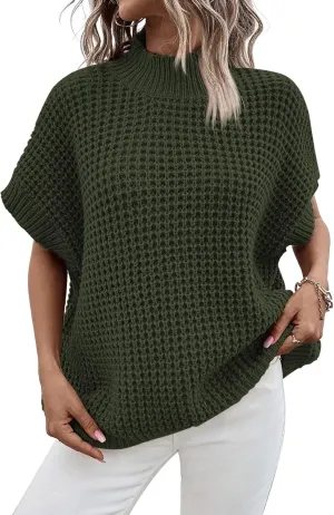 Viottiset Womens Oversized Short Batwing Sleeve Mock Neck Sweater Vest Fall Sleeveless Pullover Knit Sweaters