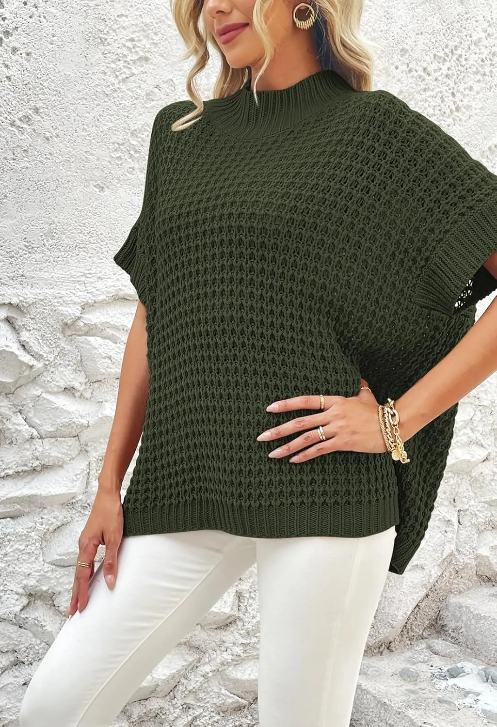 Viottiset Womens Oversized Short Batwing Sleeve Mock Neck Sweater Vest Fall Sleeveless Pullover Knit Sweaters