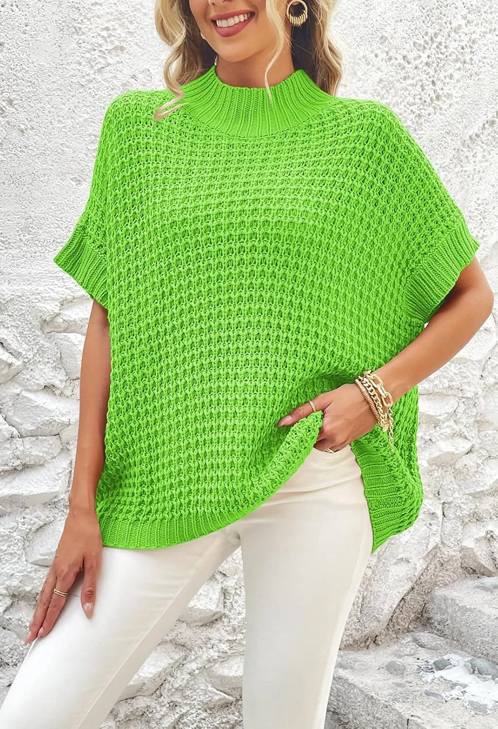 Viottiset Womens Oversized Short Batwing Sleeve Mock Neck Sweater Vest Fall Sleeveless Pullover Knit Sweaters