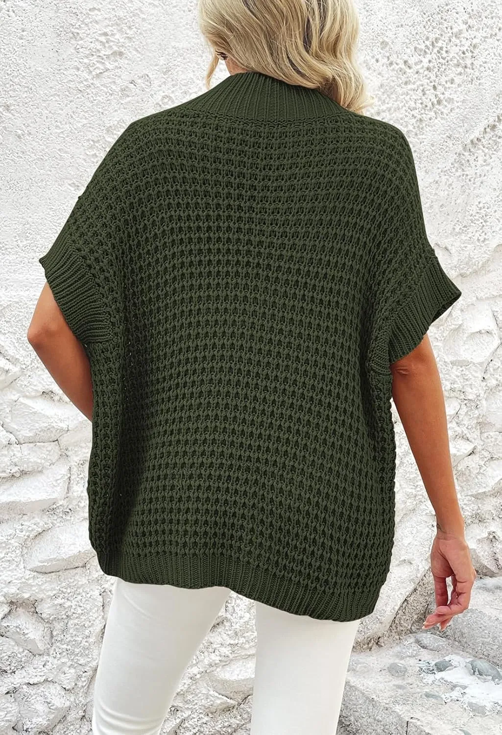 Viottiset Womens Oversized Short Batwing Sleeve Mock Neck Sweater Vest Fall Sleeveless Pullover Knit Sweaters