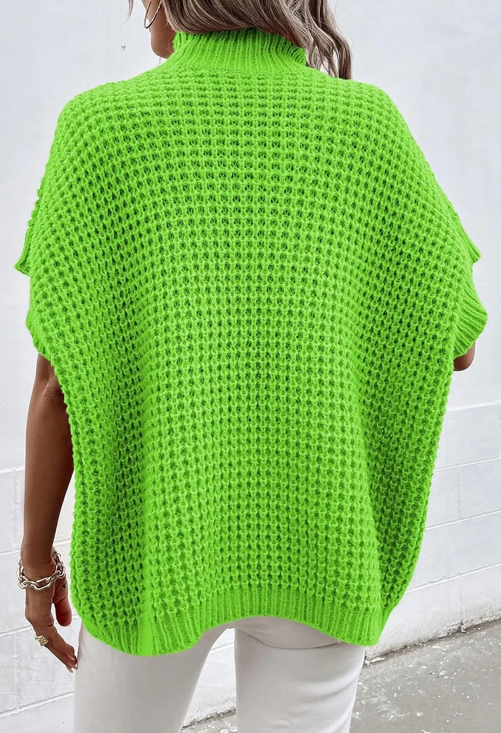Viottiset Womens Oversized Short Batwing Sleeve Mock Neck Sweater Vest Fall Sleeveless Pullover Knit Sweaters