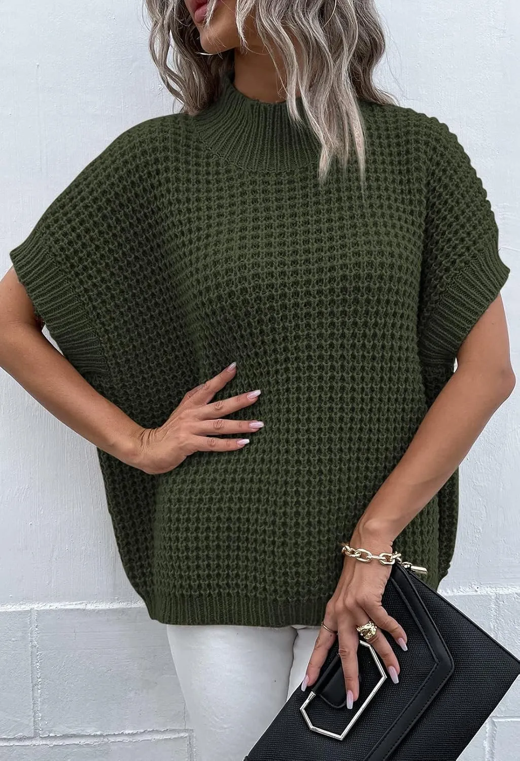 Viottiset Womens Oversized Short Batwing Sleeve Mock Neck Sweater Vest Fall Sleeveless Pullover Knit Sweaters