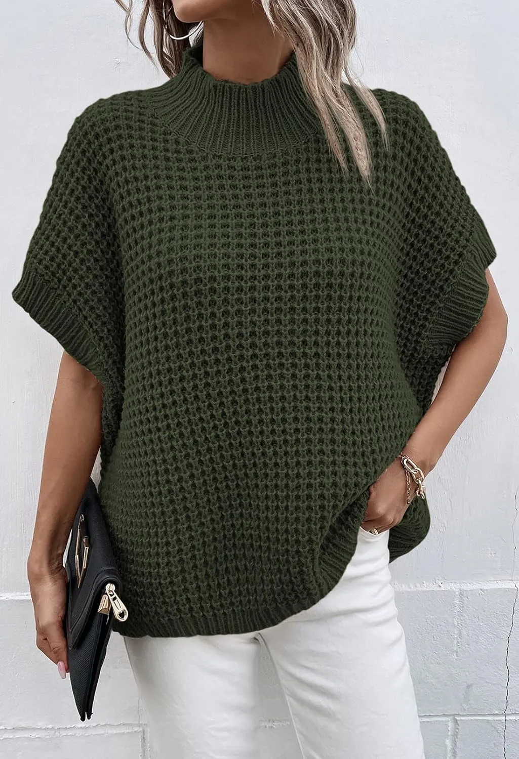 Viottiset Womens Oversized Short Batwing Sleeve Mock Neck Sweater Vest Fall Sleeveless Pullover Knit Sweaters