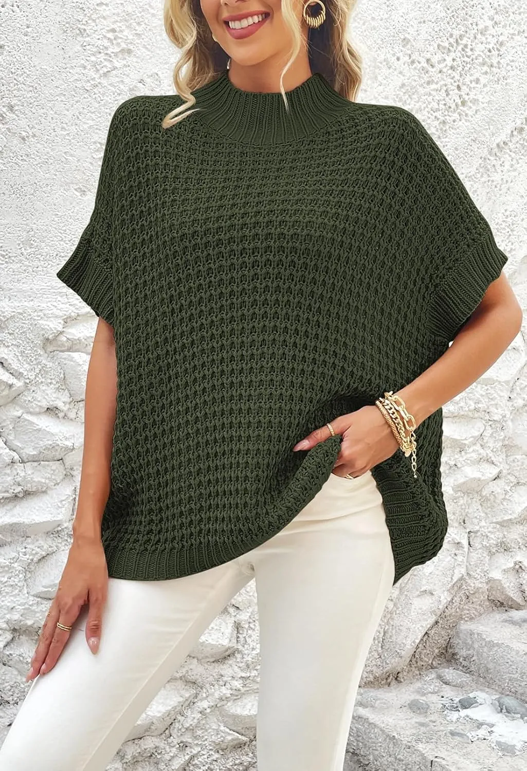 Viottiset Womens Oversized Short Batwing Sleeve Mock Neck Sweater Vest Fall Sleeveless Pullover Knit Sweaters