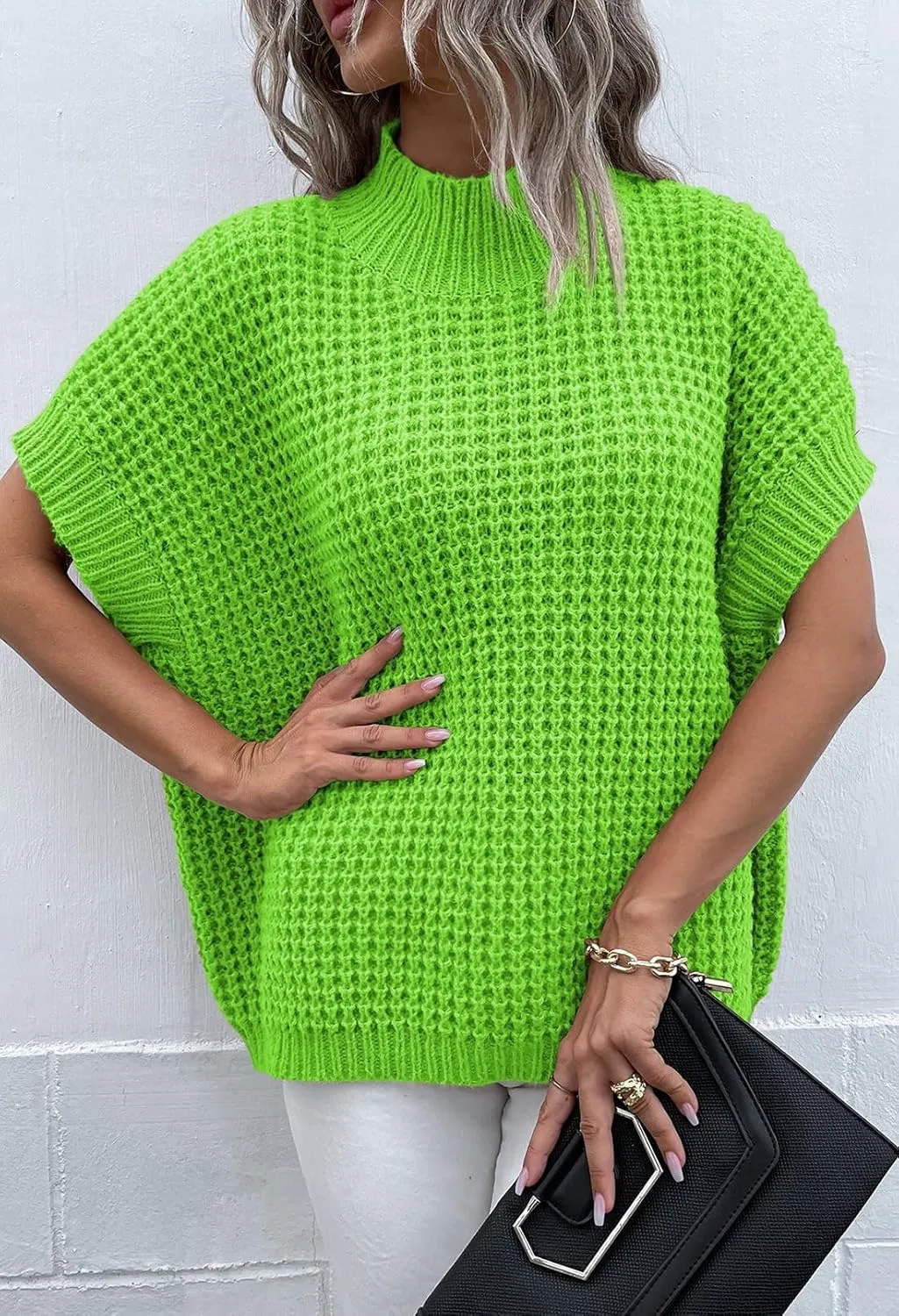 Viottiset Womens Oversized Short Batwing Sleeve Mock Neck Sweater Vest Fall Sleeveless Pullover Knit Sweaters