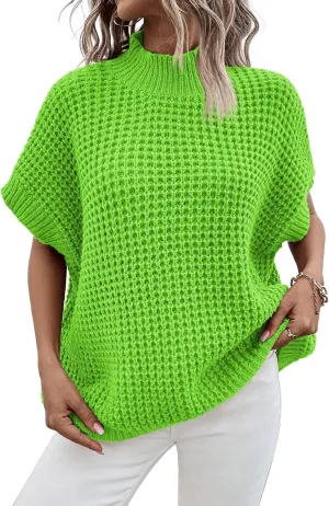 Viottiset Womens Oversized Short Batwing Sleeve Mock Neck Sweater Vest Fall Sleeveless Pullover Knit Sweaters