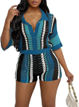 VOIKERDR Two Piece Shorts Sets for Women Colorblock Stripe Shirt and Shorts Summer Vacation Outfits Beachwear