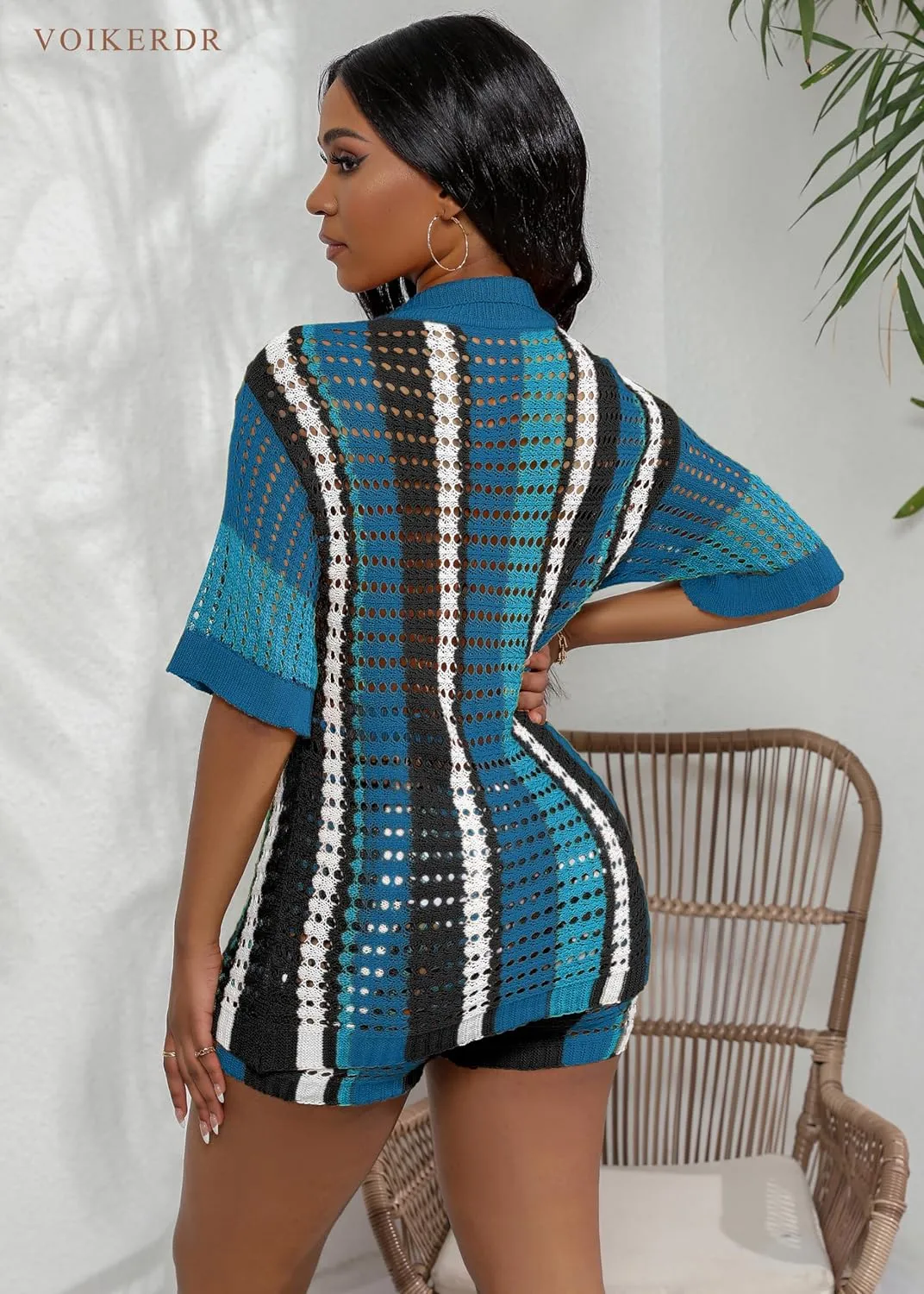 VOIKERDR Two Piece Shorts Sets for Women Colorblock Stripe Shirt and Shorts Summer Vacation Outfits Beachwear
