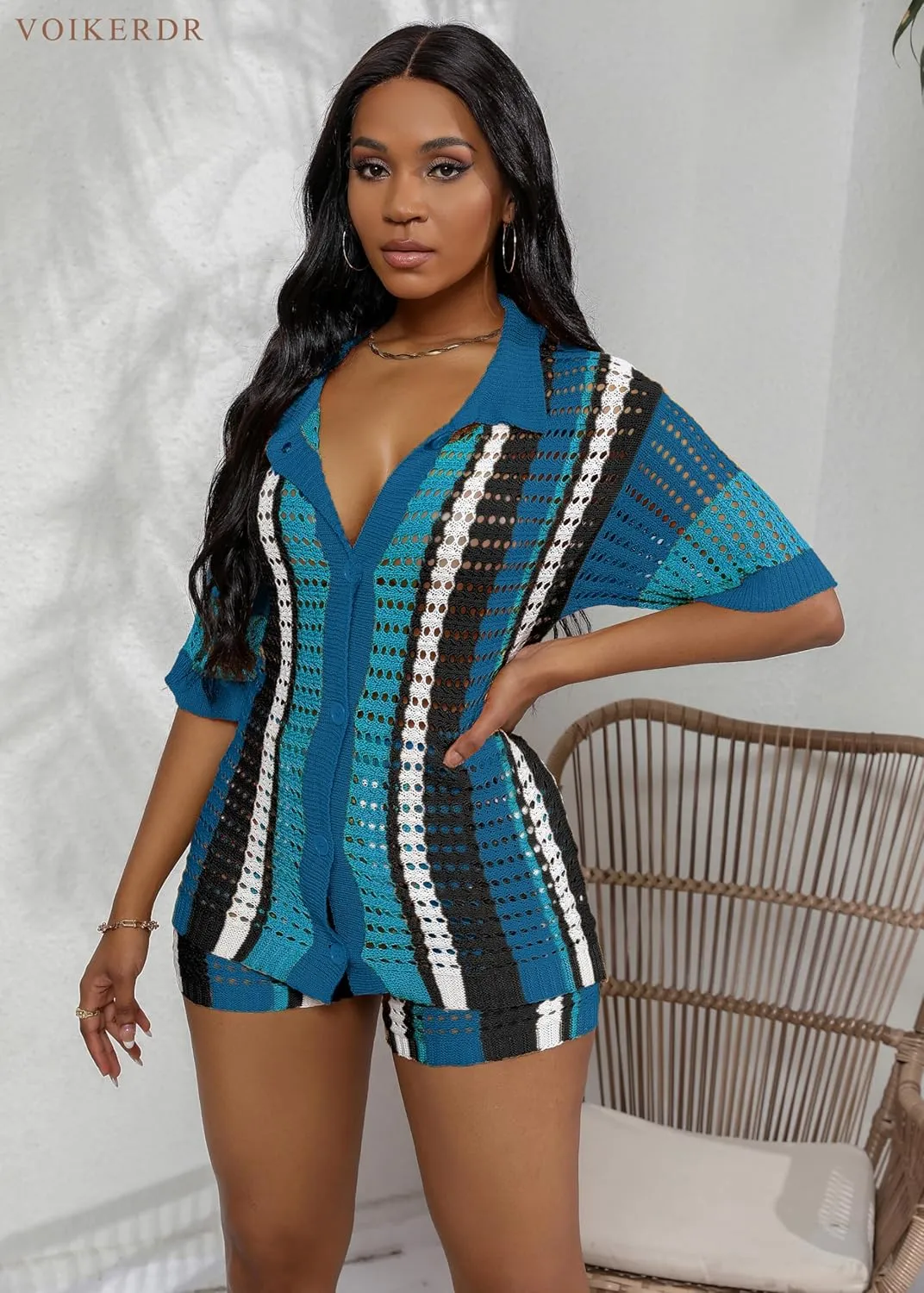 VOIKERDR Two Piece Shorts Sets for Women Colorblock Stripe Shirt and Shorts Summer Vacation Outfits Beachwear