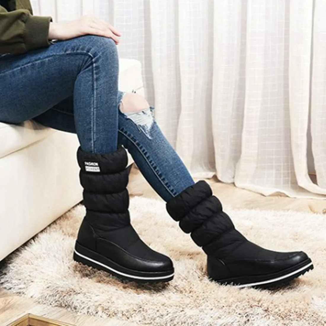 VOKLIN Women's Winter Mid Calf Snow Boots Waterproof Rain Platform Elastic Fur Lined Cold Weather Snow Boot