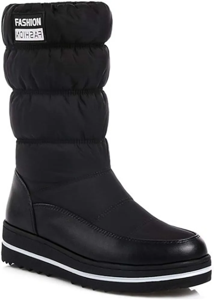 VOKLIN Women's Winter Mid Calf Snow Boots Waterproof Rain Platform Elastic Fur Lined Cold Weather Snow Boot