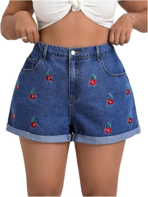 WDIRARA Women's Plus Size Cherry Embroidery Wide Leg Denim Shorts High Waist Rolled Hem Shorts