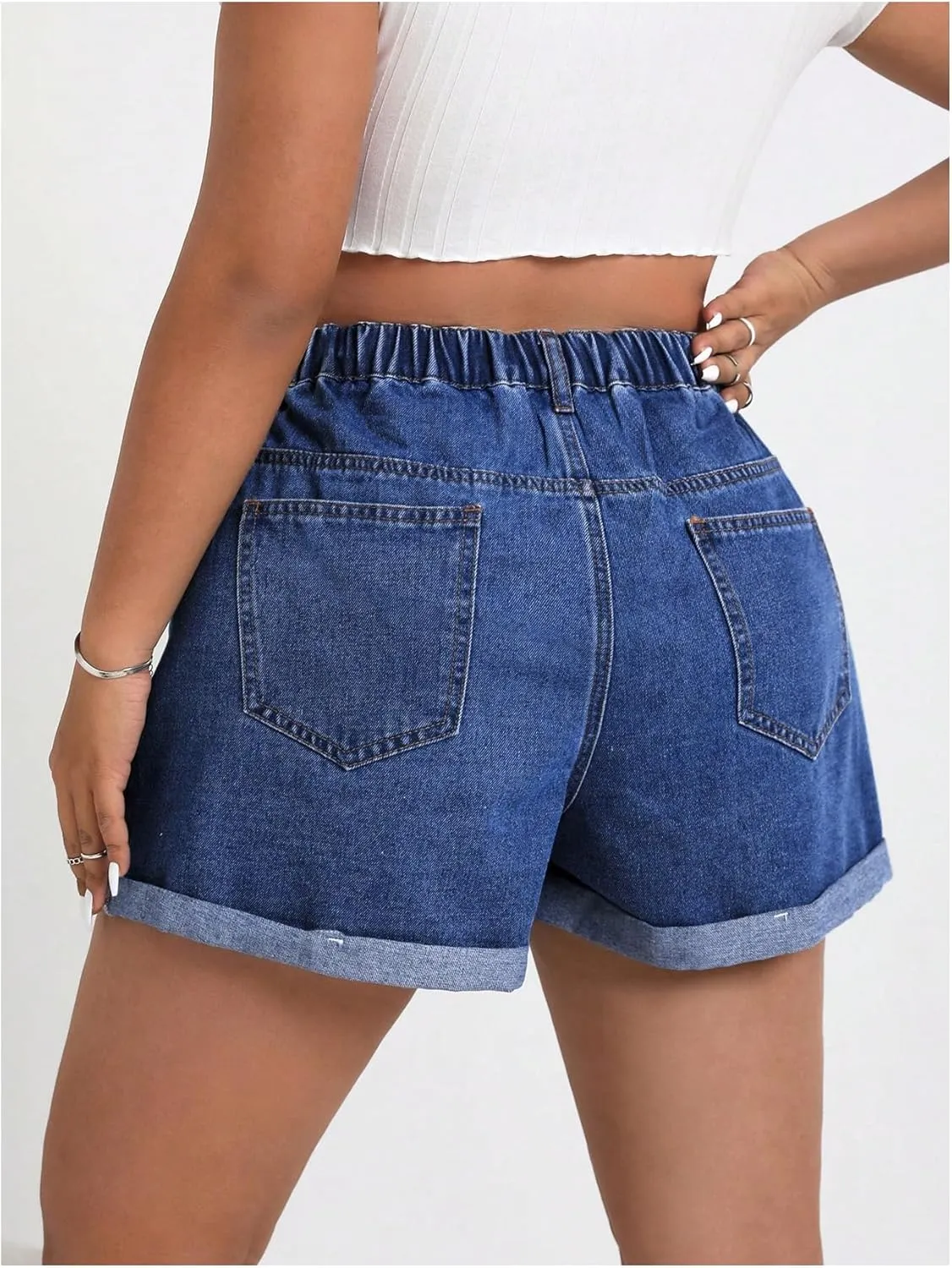 WDIRARA Women's Plus Size Cherry Embroidery Wide Leg Denim Shorts High Waist Rolled Hem Shorts