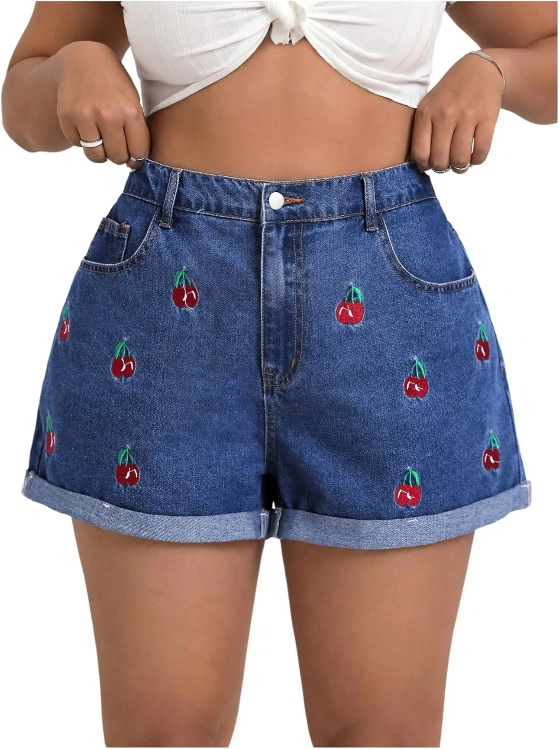 WDIRARA Women's Plus Size Cherry Embroidery Wide Leg Denim Shorts High Waist Rolled Hem Shorts