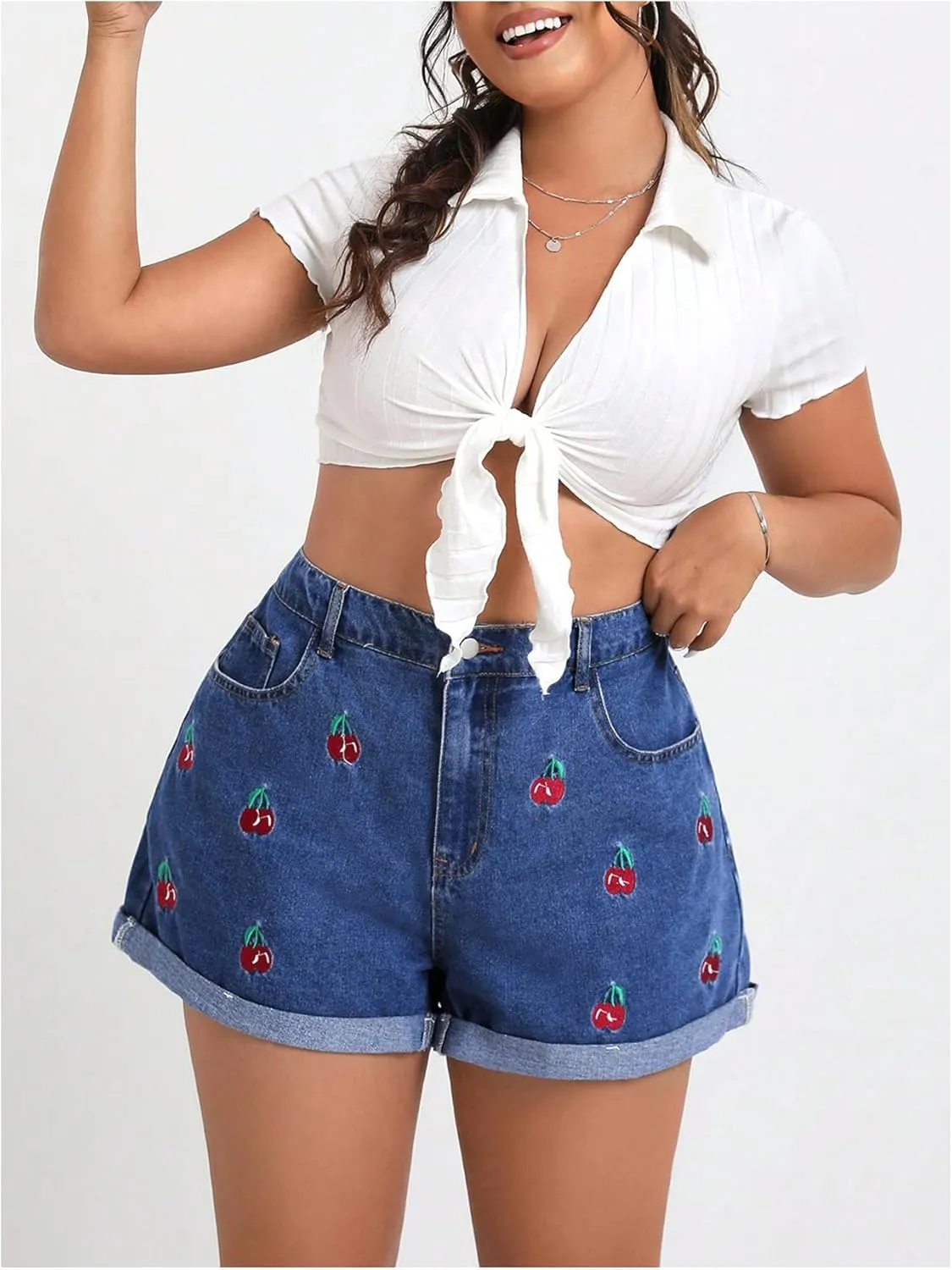 WDIRARA Women's Plus Size Cherry Embroidery Wide Leg Denim Shorts High Waist Rolled Hem Shorts