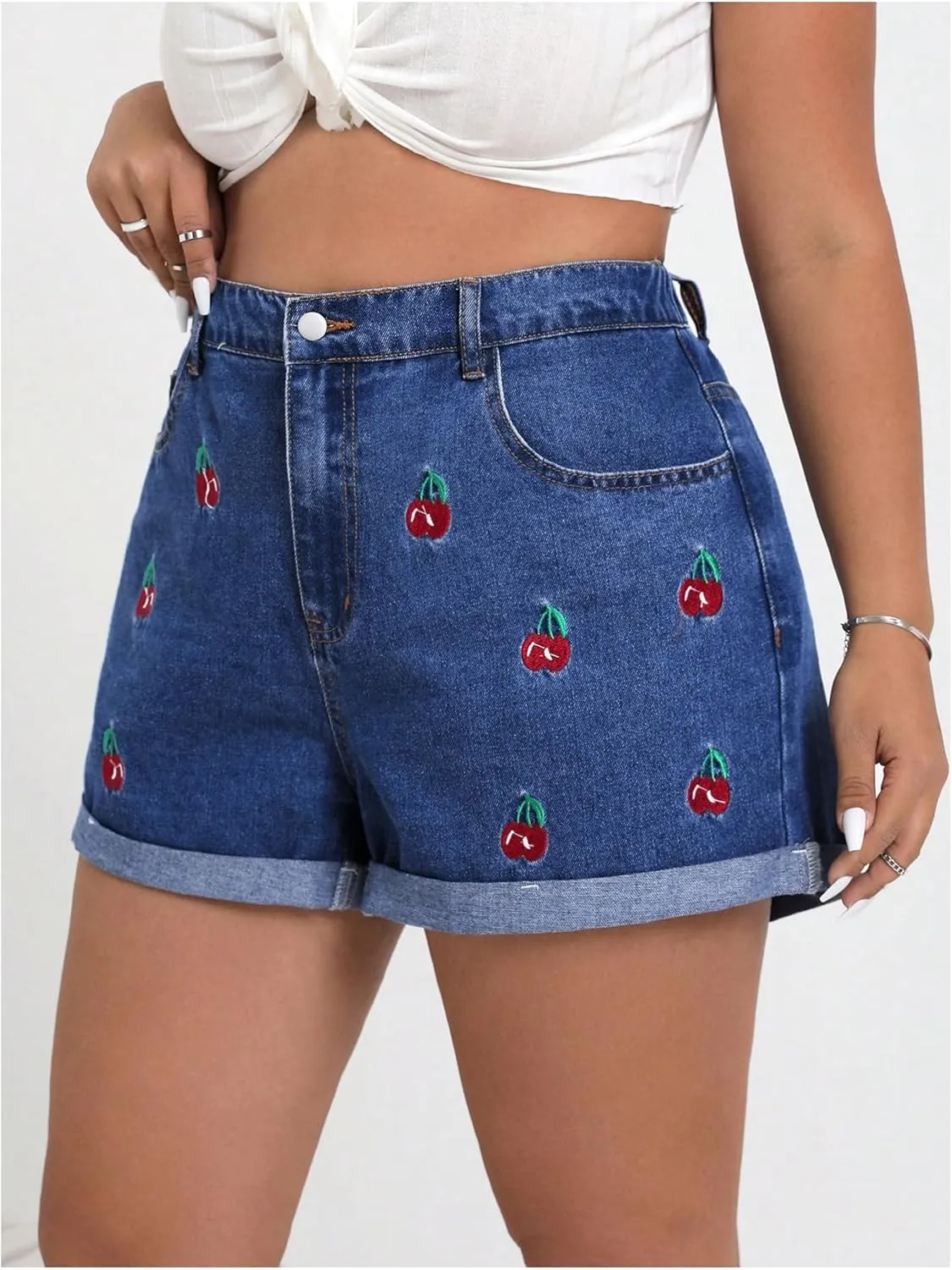 WDIRARA Women's Plus Size Cherry Embroidery Wide Leg Denim Shorts High Waist Rolled Hem Shorts