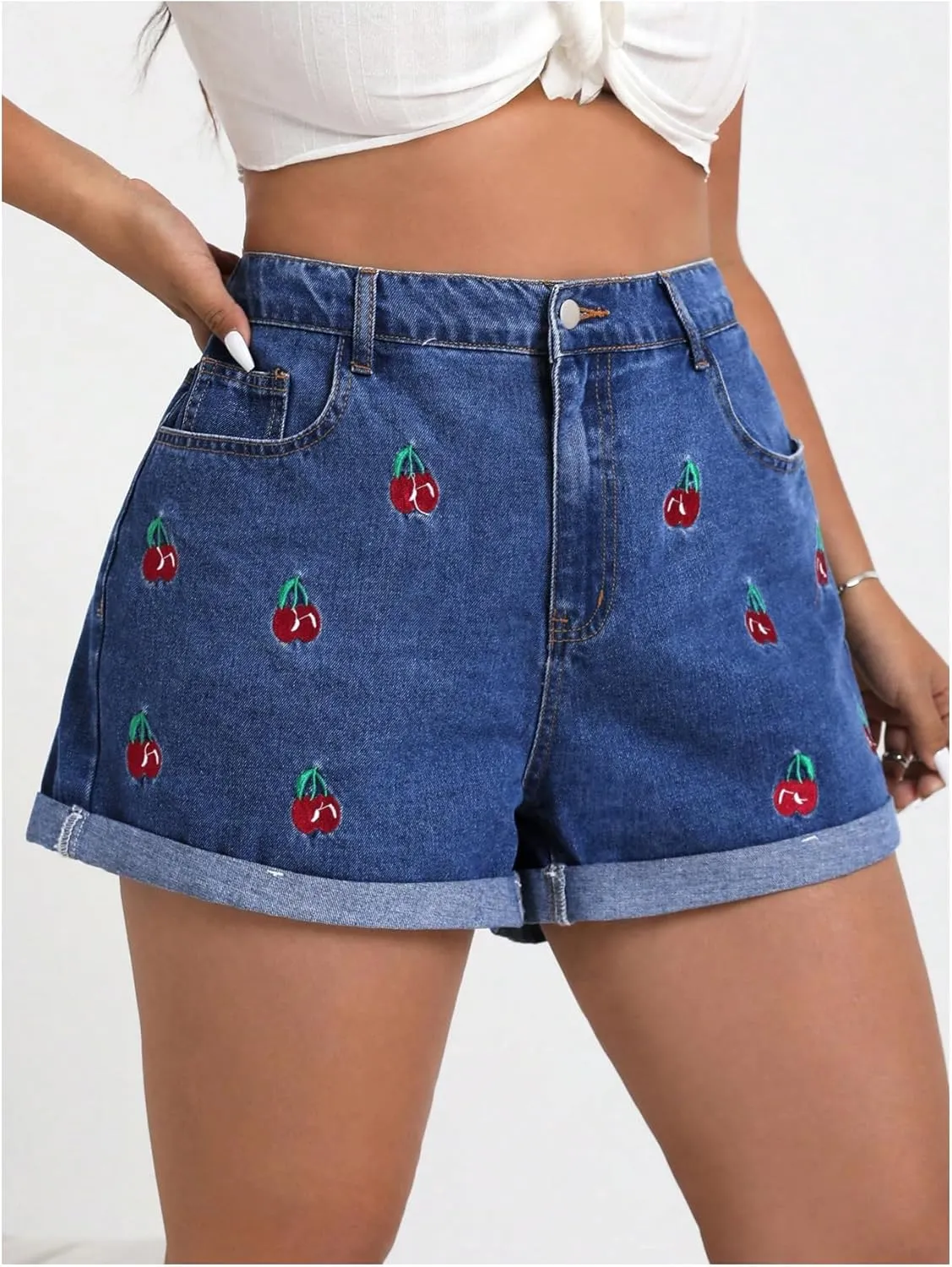 WDIRARA Women's Plus Size Cherry Embroidery Wide Leg Denim Shorts High Waist Rolled Hem Shorts
