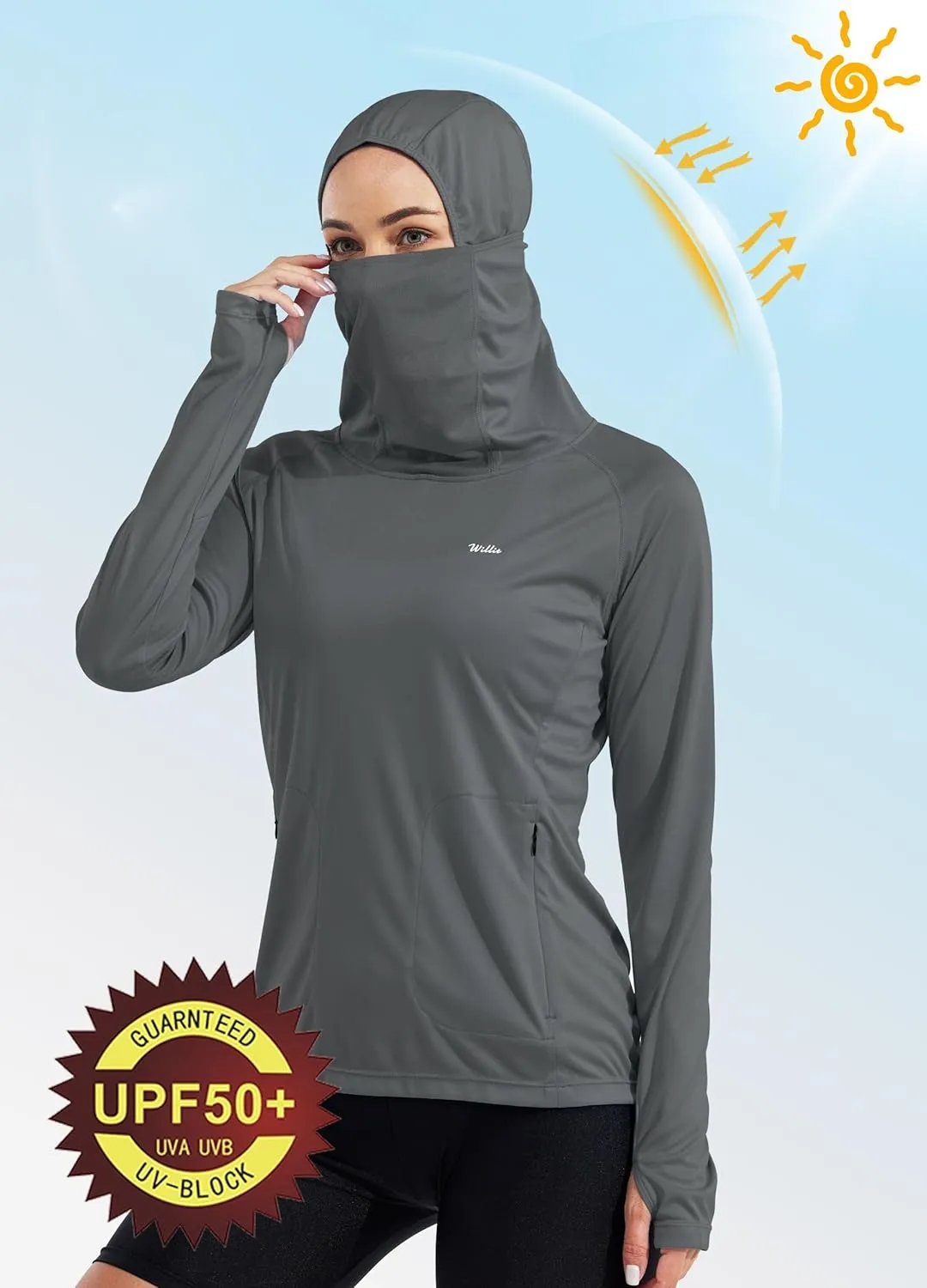Willit Women's Sun Protection Hoodie UPF 50  Fishing Hiking Shirt Long Sleeve SPF Shirt with Face Mask Lightweight