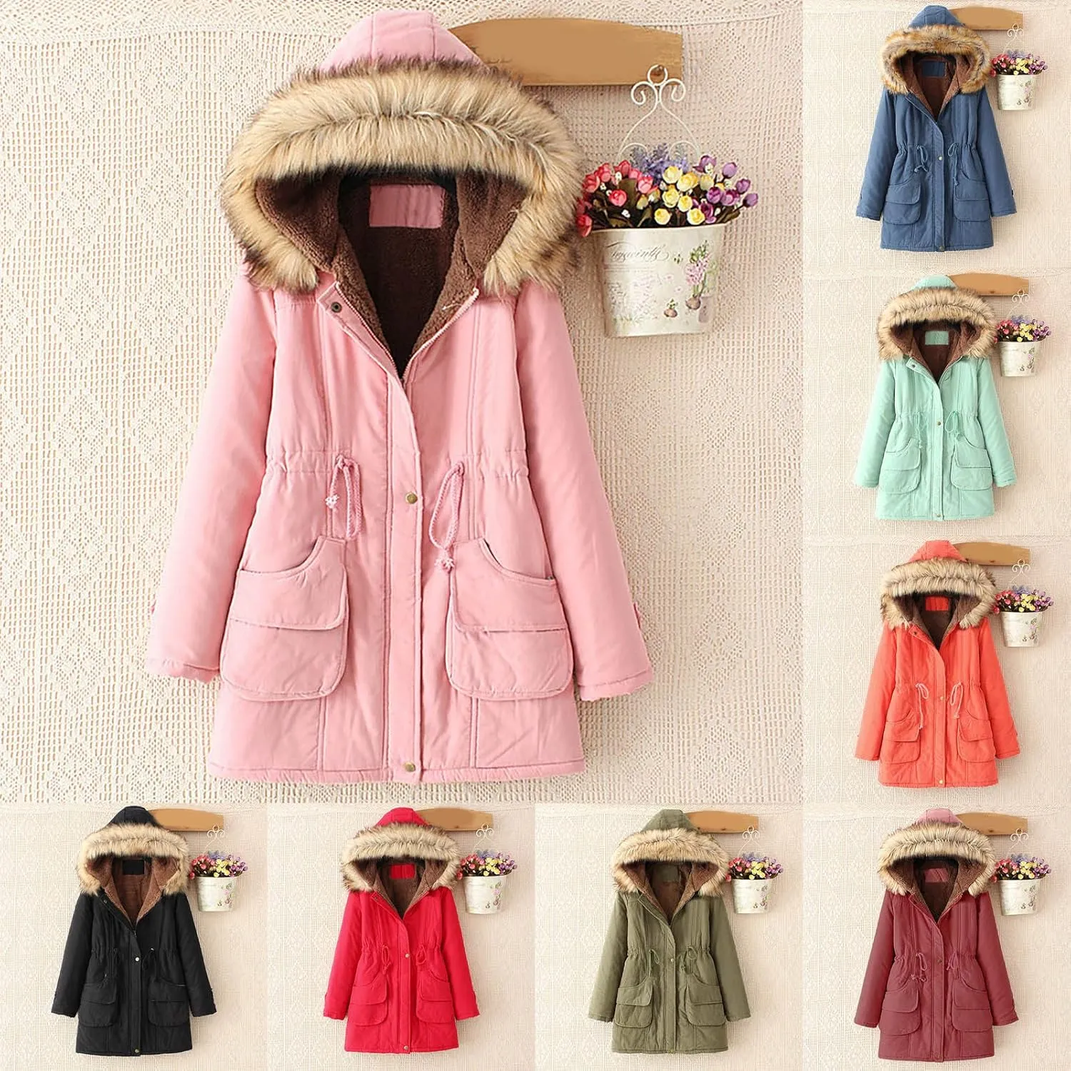 Winter Coats for Women 2024 Waterproof Warm Parka Jacket Mid Length Thick Fleece Lined Trench Coat with Faux Fur Hood