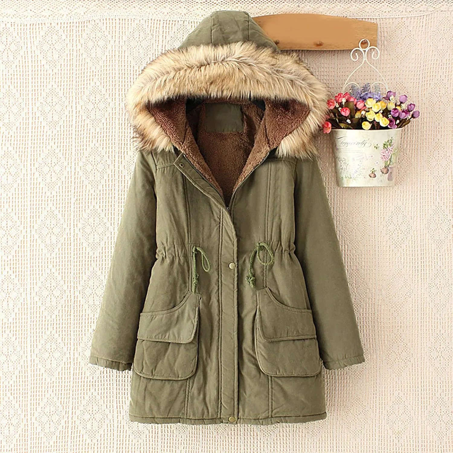 Winter Coats for Women 2024 Waterproof Warm Parka Jacket Mid Length Thick Fleece Lined Trench Coat with Faux Fur Hood