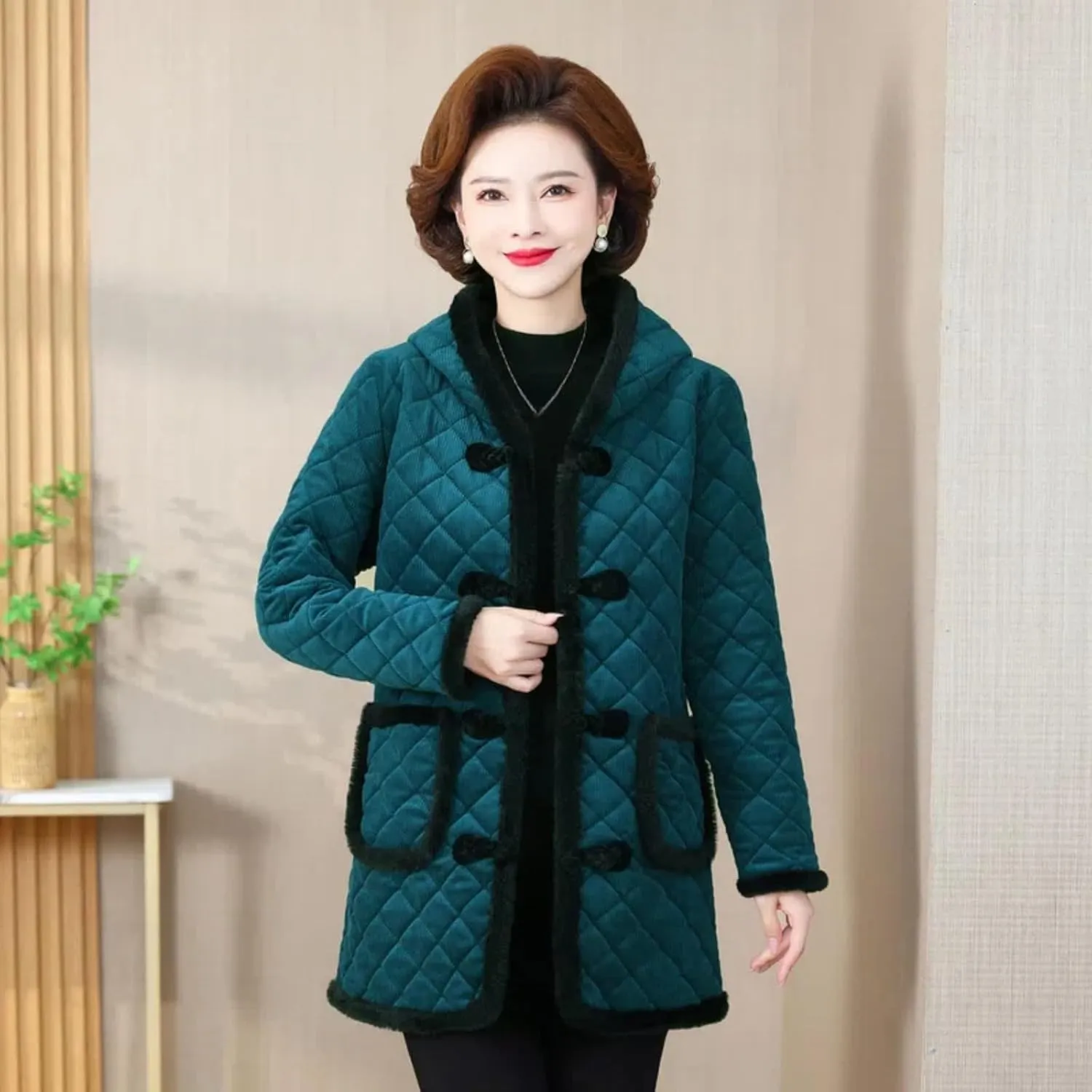 Winter Cotton Jacket for Women, Fleece-Lined Warm Cotton Padded Coat