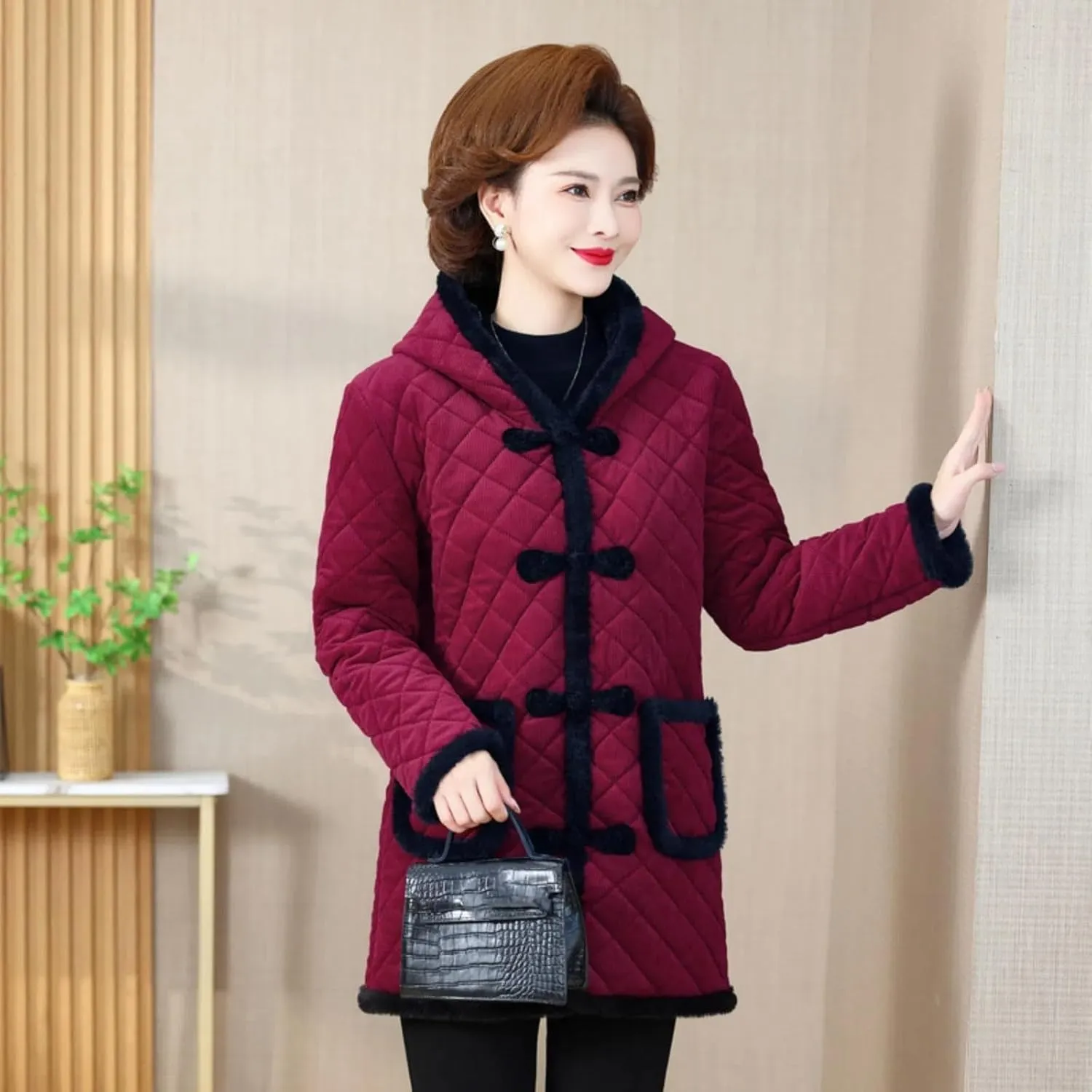 Winter Cotton Jacket for Women, Fleece-Lined Warm Cotton Padded Coat