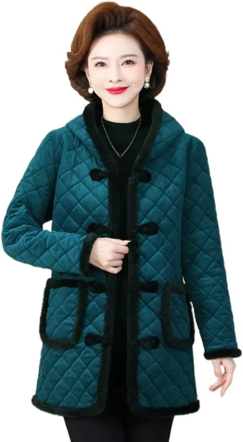 Winter Cotton Jacket for Women, Fleece-Lined Warm Cotton Padded Coat