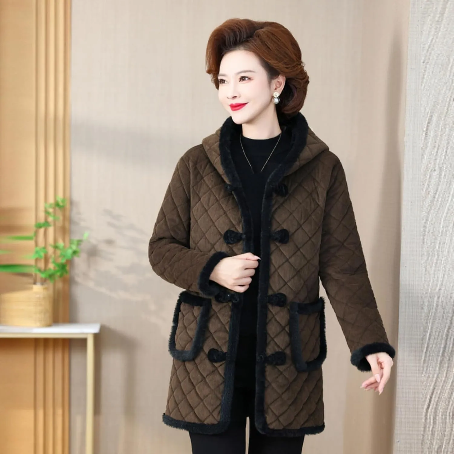 Winter Cotton Jacket for Women, Fleece-Lined Warm Cotton Padded Coat