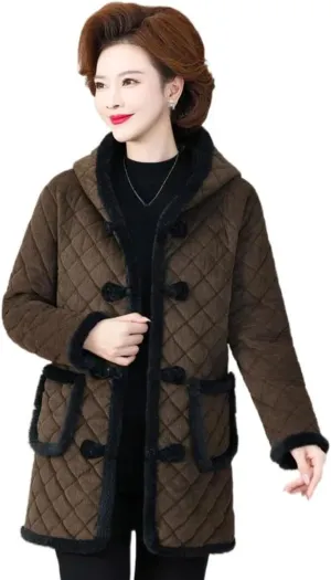 Winter Cotton Jacket for Women, Fleece-Lined Warm Cotton Padded Coat